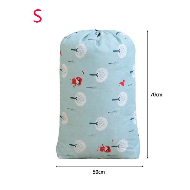 Light blue drawstring laundry bag featuring a pattern of red and white floral designs