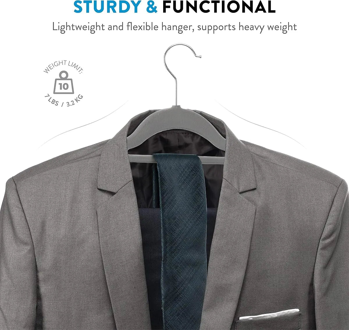 A gray suit jacket with a dark blue tie is hanging on a metal hanger, demonstrating the product's functionality.