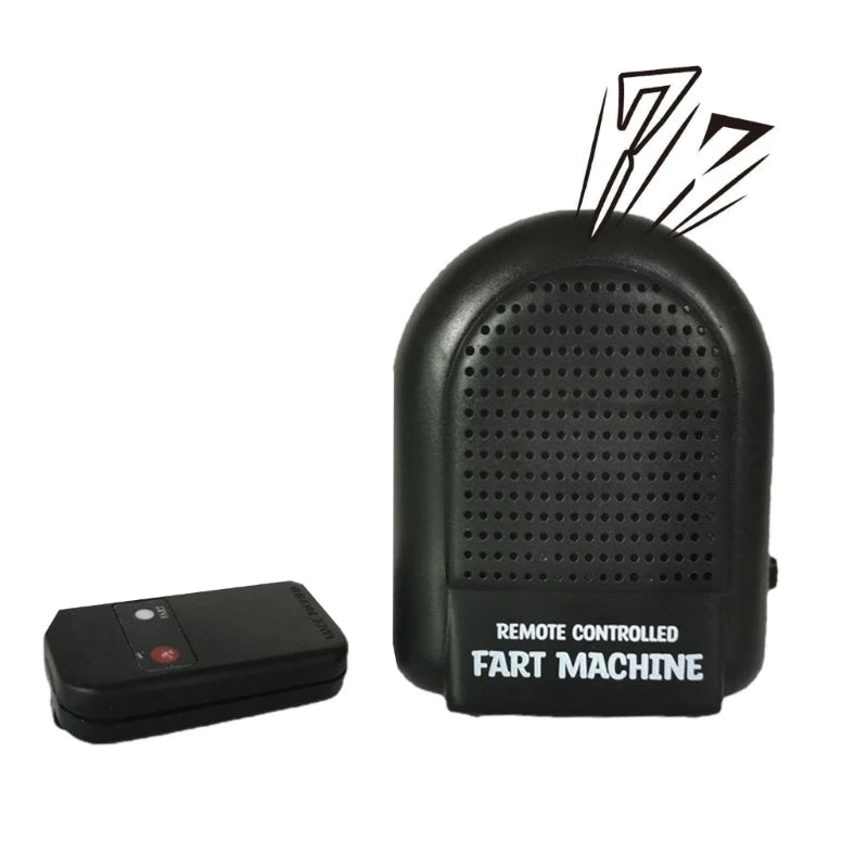 A black remote controlled fart machine with a trigger and a mouthpiece is shown.