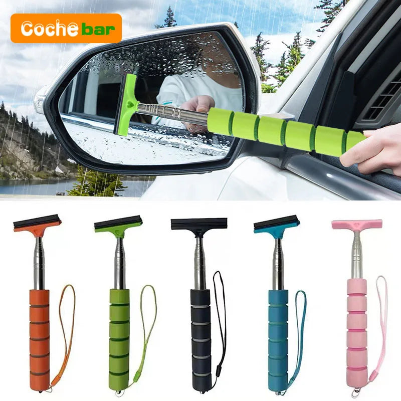 A set of five retractable car mirror and window cleaning wipers in various colors including orange, green, black, blue, and p