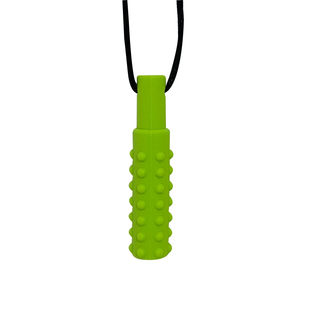 A lime green silicone sensory chew necklace pendant with a black cord.