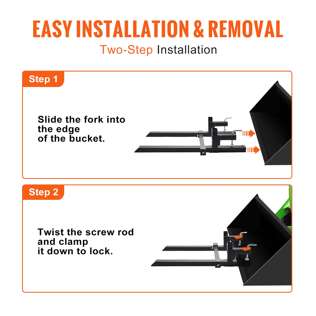 Two-step installation guide showing how to slide a fork into a bucket and twist a screw rod to clamp it down.