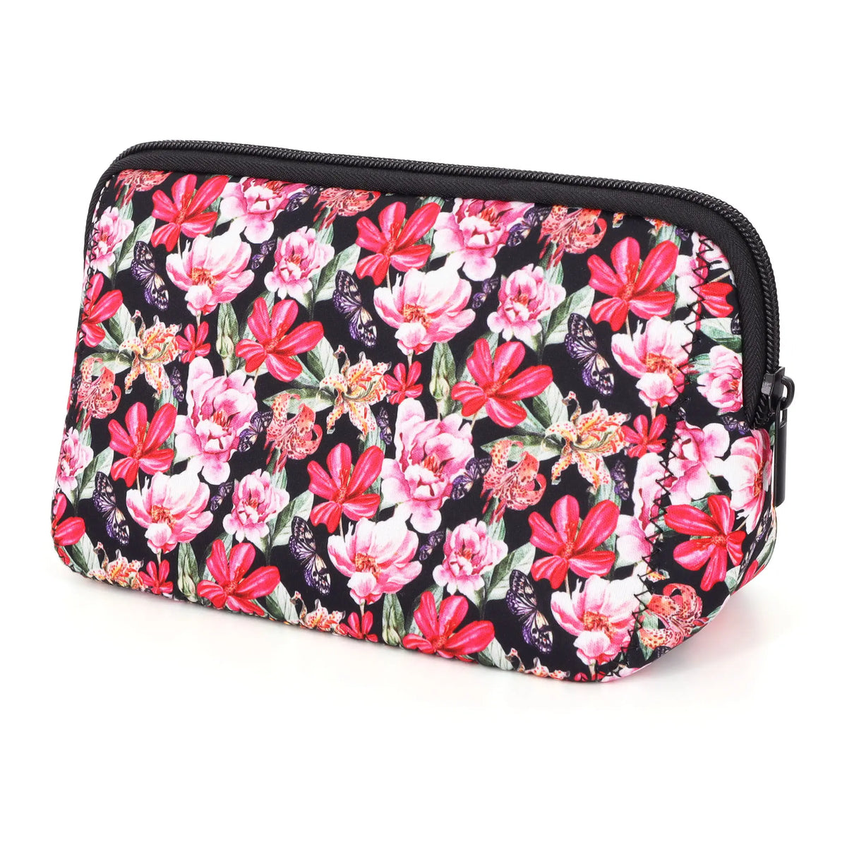 A black zippered cosmetic bag featuring a vibrant floral pattern of pink, red, and green flowers.