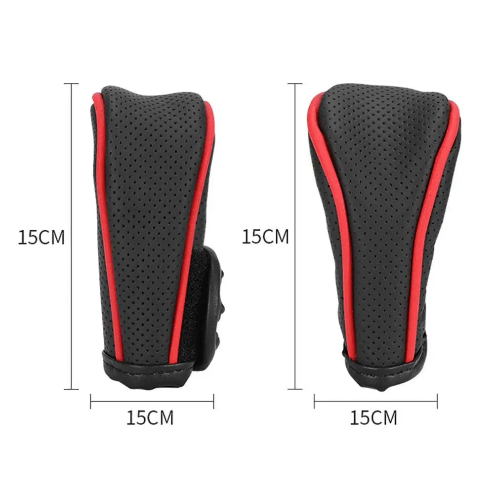 Black and red leather gear shift knob cover with breathable mesh for universal fit