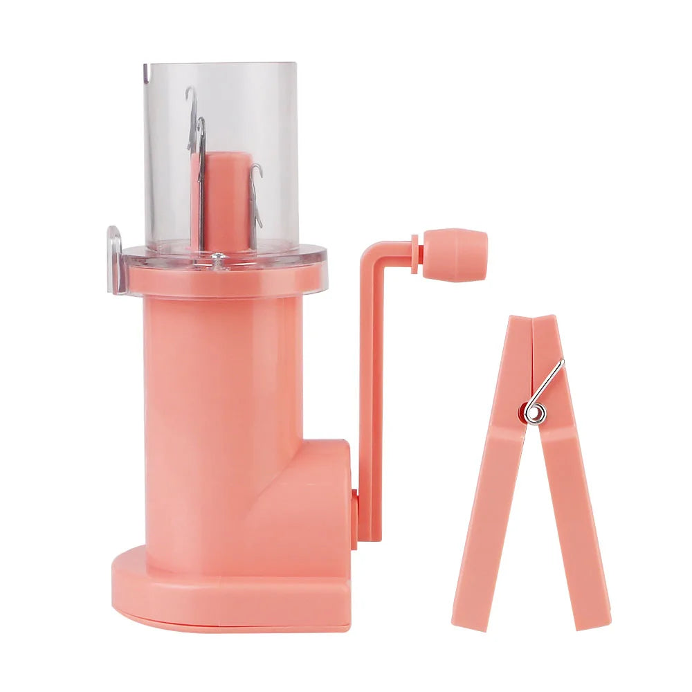 A pink portable hand-crank knitting tool for making bracelets and DIY crafts.