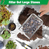 Stainless steel sieve set used to filter large stones from soil on a marble surface.