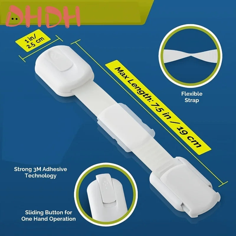 White adjustable baby safety lock strap with a sliding button for one-hand operation