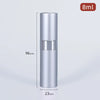 Silver refillable aluminum perfume atomizer bottle with a 8ml capacity and a 96mm height.