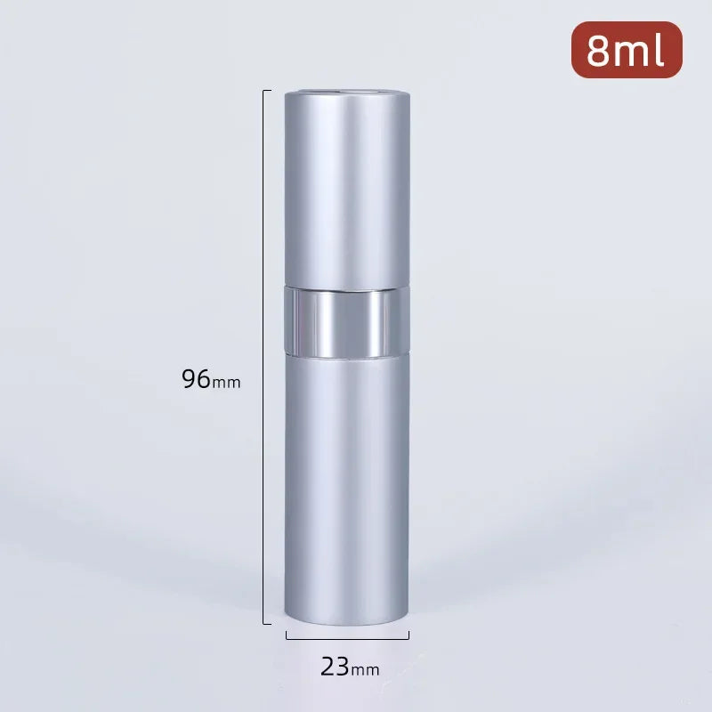 Silver refillable aluminum perfume atomizer bottle with a 8ml capacity and a 96mm height.