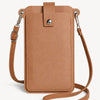 A tan PU leather crossbody bag with a flap and leather strap is shown against a white background.