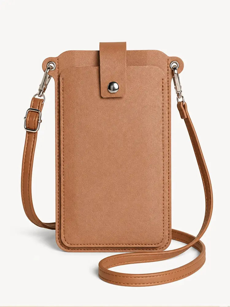 A tan PU leather crossbody bag with a flap and leather strap is shown against a white background.