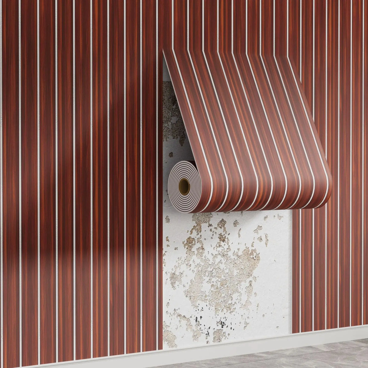 Vertical striped wood grain peel-and-stick wall tiles in brown and white on a wall.