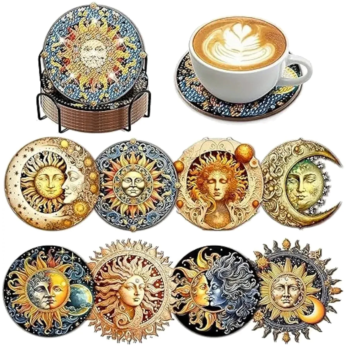 A collection of sparkling diamond painting coasters and a holder featuring sun, moon, and face designs.