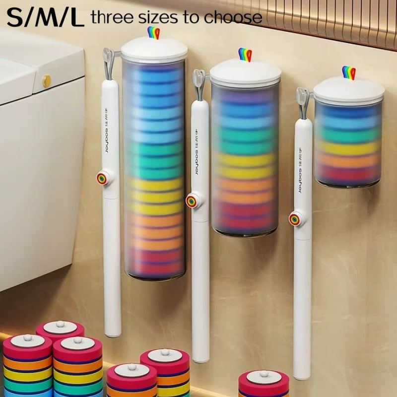 Three sizes of long handle toilet brush set with disposable heads and wall-mounted holders in various colors
