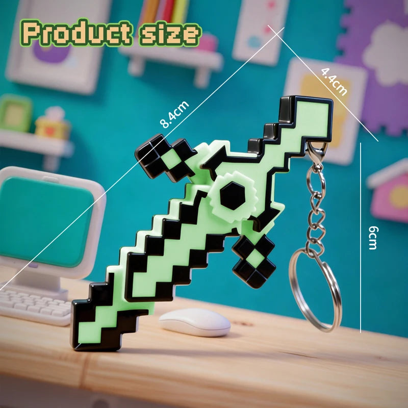 A green glow-in-the-dark transformable gemstone toy keychain shaped like a lightning bolt, displayed on a wooden surface.