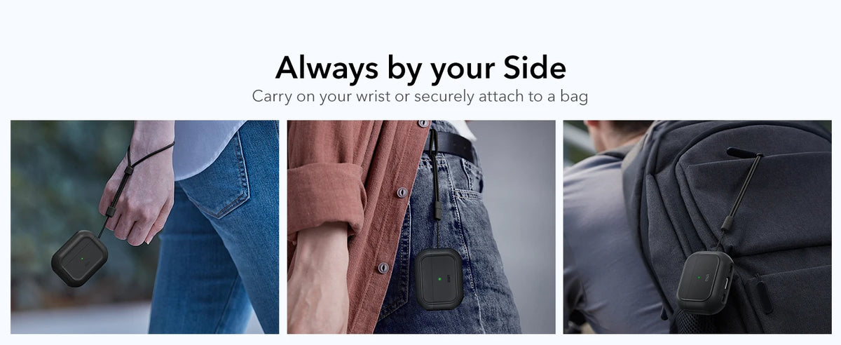 A black AirPods Pro 3 case with a secure magnetic lock is shown being carried on a wrist and attached to a bag.