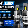 LED headlight bulbs D2/D4 upgrade kit showing multiple bright white bulbs next to a car headlight assembly.