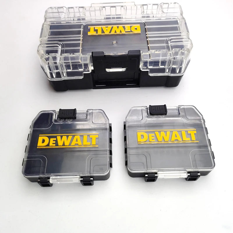 A set of DEWALT TSTAK Mini Tough Tool cases, showing a clear plastic storage box and two separate hard shell cases.
