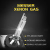 A glass Xenon gas lamp bulb is shown being focused by a light source, demonstrating 99% xenon purity and increased brightness