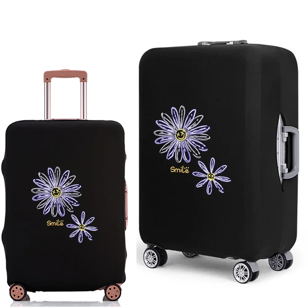 Black elastic suitcase with a daisy print design featuring purple and yellow flowers.