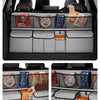 Foldable car trunk organizer showing various items stored in the seat back and trunk compartments.
