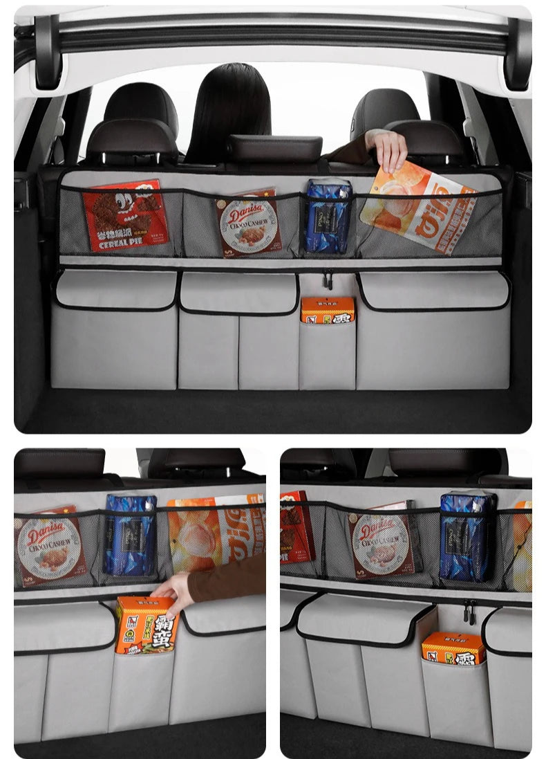 Foldable car trunk organizer showing various items stored in the seat back and trunk compartments.