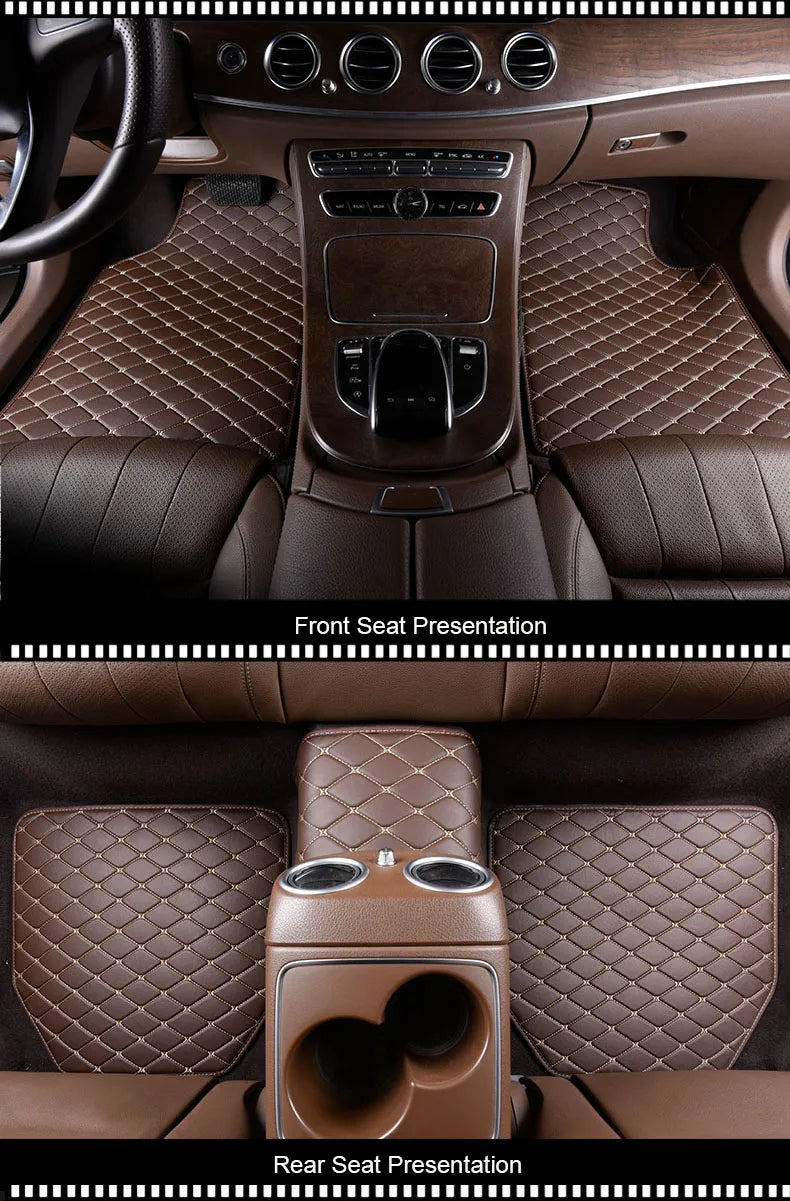 Close-up views of front and rear seat presentations showing quilted brown leather car floor mats.