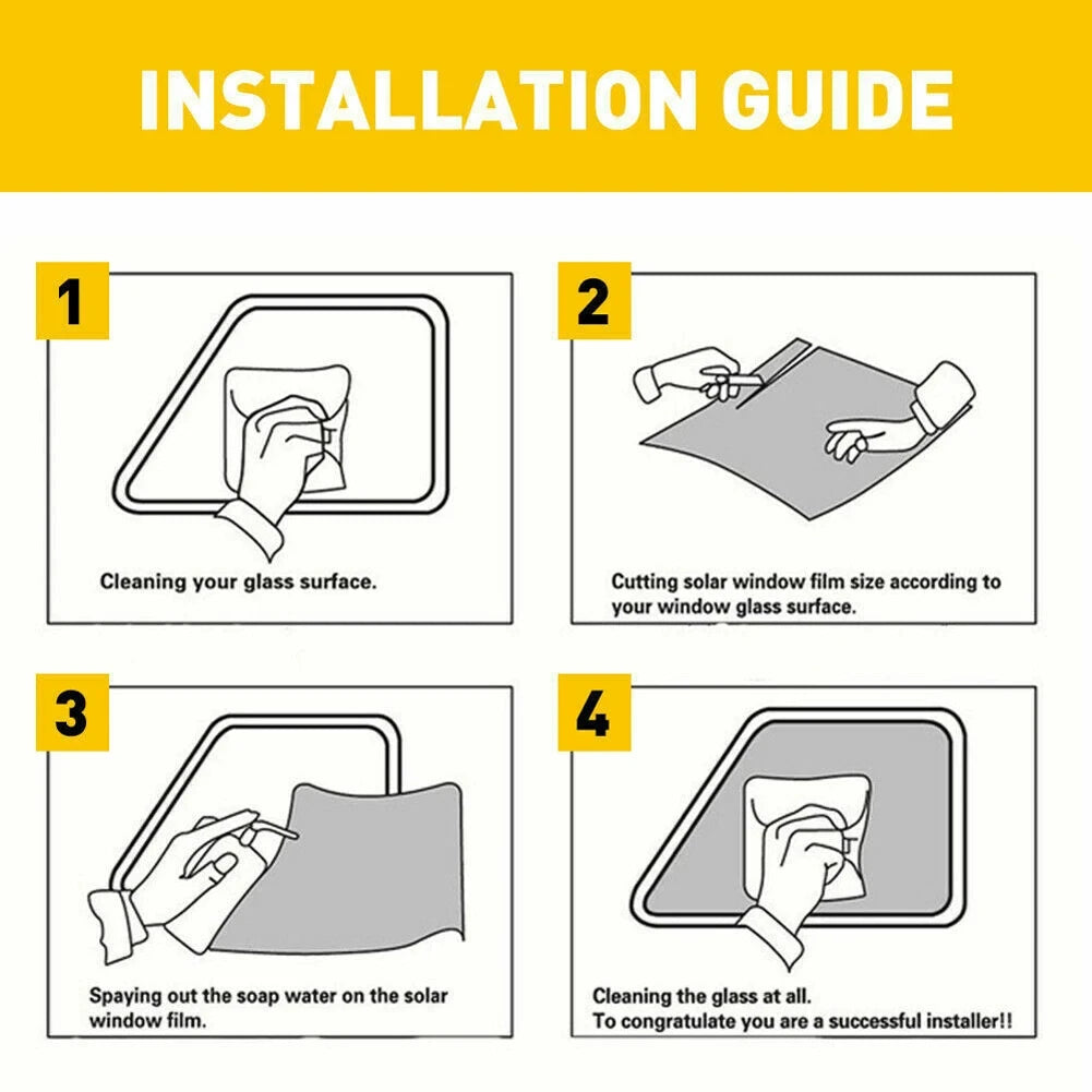 Four steps for installing ceramic privacy car window tint film, showing cleaning and application processes.