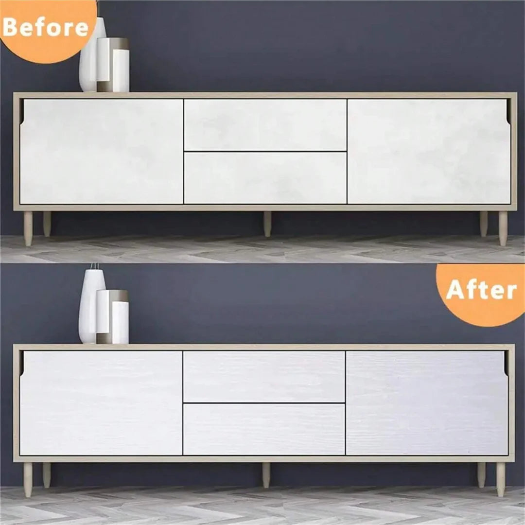 Before and after comparison of a cabinet refaced with self-adhesive wood grain film.