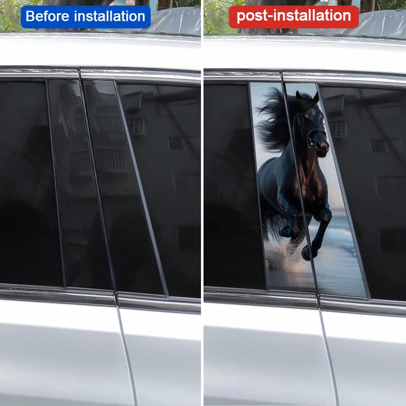 Before and after images showing running horse decals applied to a car's B-pillar.