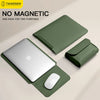 A green PU leather laptop sleeve and a matching mouse are shown next to an open laptop sleeve.
