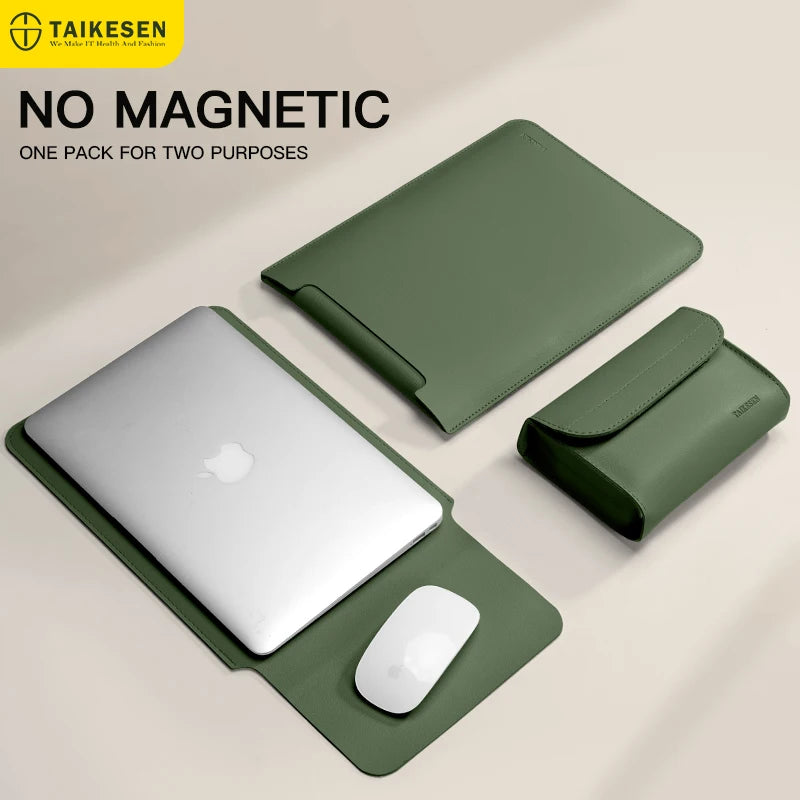 A green PU leather laptop sleeve and a matching mouse are shown next to an open laptop sleeve.