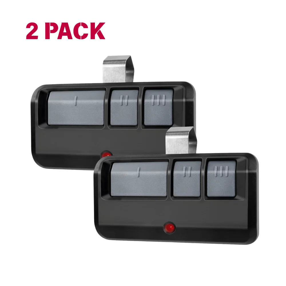 A 2 pack of universal keychain garage door remotes for LiftMaster and Craftsman doors.