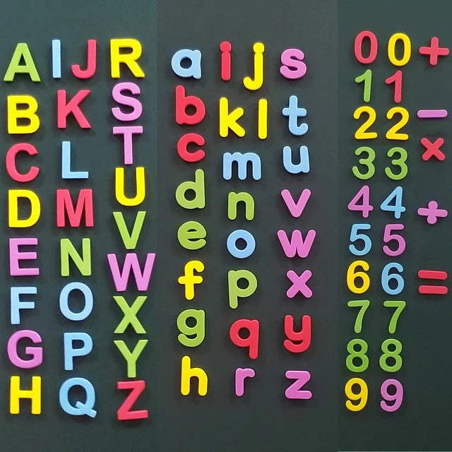 A magnetic alphabet learning set featuring colorful letters arranged in rows for educational purposes.