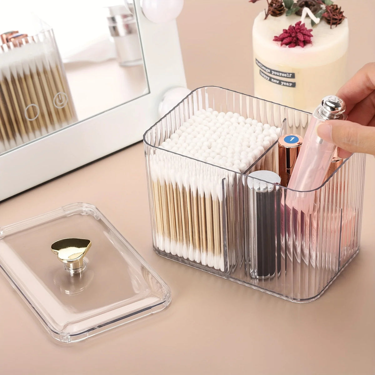 3-Section Clear Bathroom Organizer with Cotton Swab, Pad & Ball Dispenser