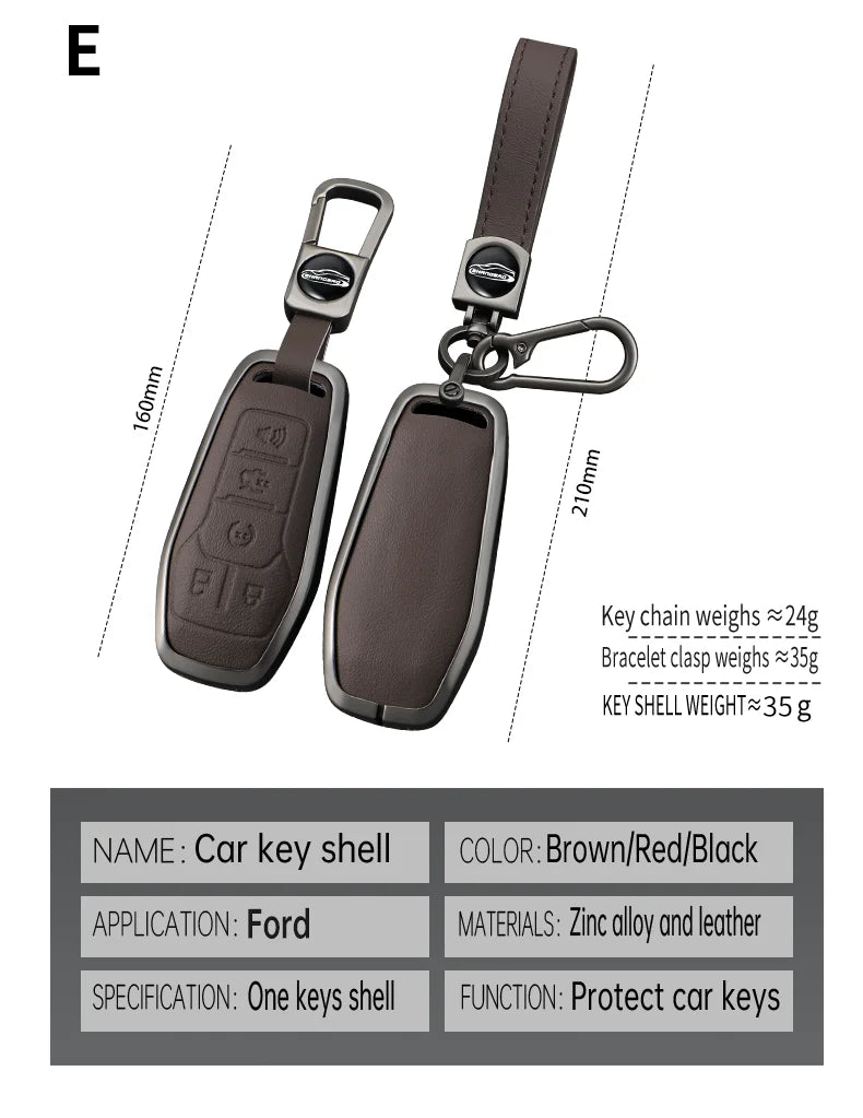 A brown and black leather key shell with a metal chain attached, designed to protect car keys.