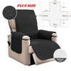 A black waterproof non-slip recliner sofa cover with side pockets shown in various views.