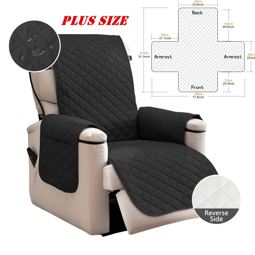 A black waterproof non-slip recliner sofa cover with side pockets shown in various views.