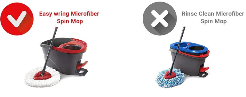 A comparison showing an easy-wring microfiber spin mop and a rinse clean microfiber spin mop.