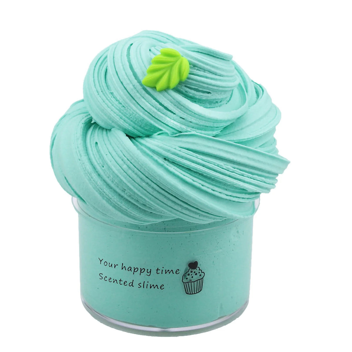 A light mint green tube of slime with a swirl design and a small green leaf on top.