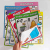 A stack of colorful phonics learning cards featuring letters, sounds, and word endings for early readers