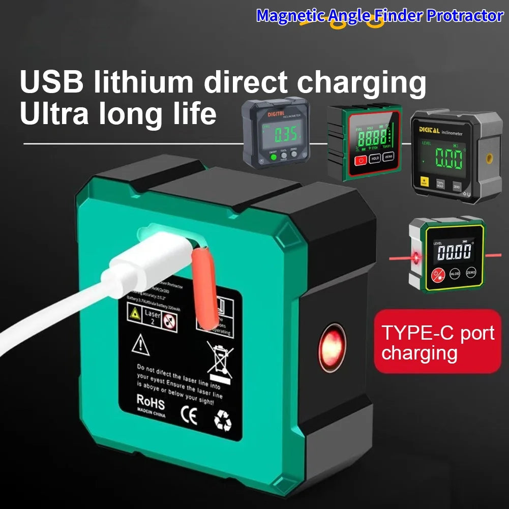 A digital angle finder with a magnetic base and LCD display, showing USB direct charging capability.
