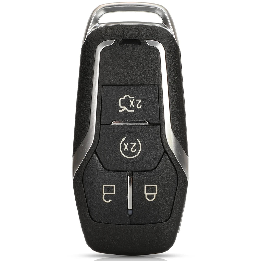 A black Ford smart key replacement shell with a silver blade and two buttons.