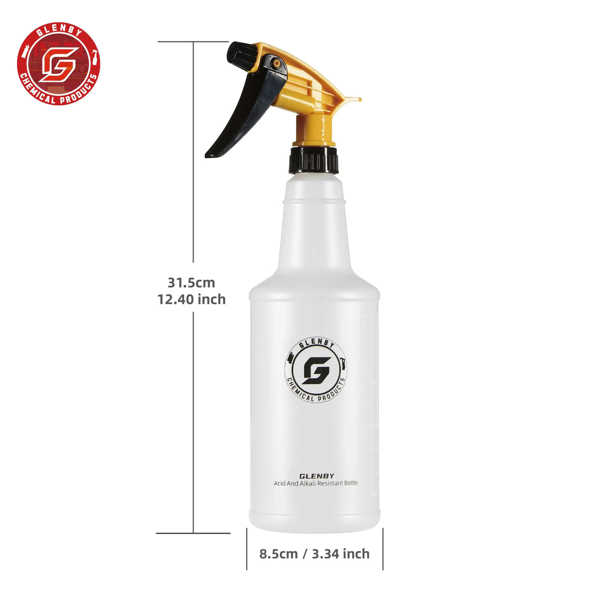 A white Glendy Acid and Alkali Resistant bottle with a yellow spray nozzle and black trigger.