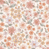 Vintage floral peel-and-stick wallpaper featuring soft pink, peach, and cream flowers on a beige background.