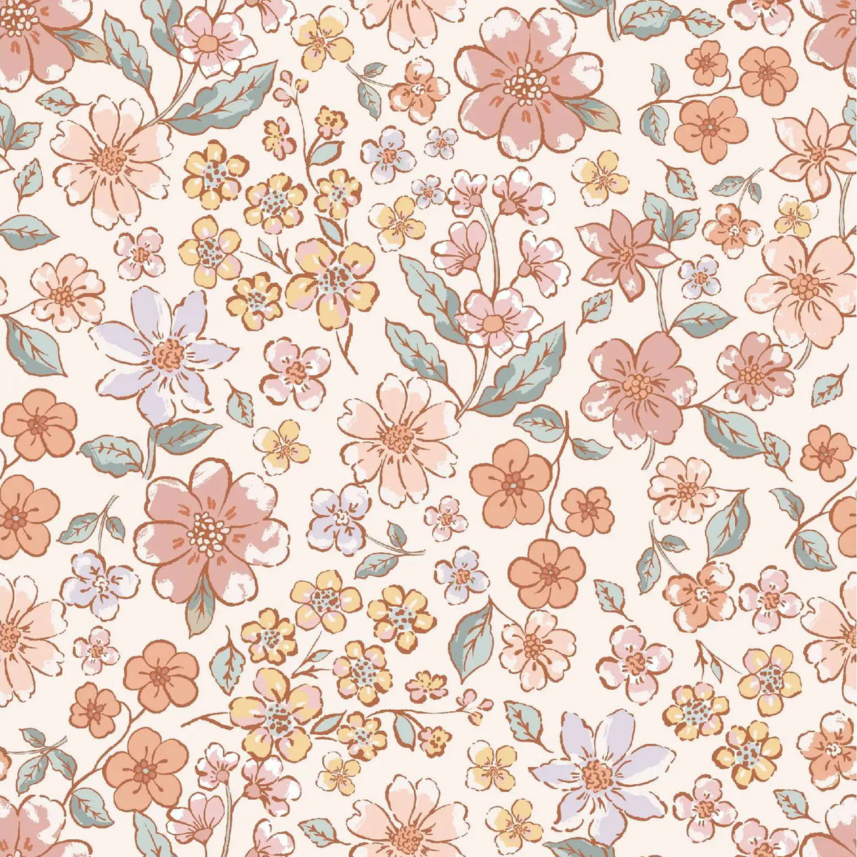 Vintage floral peel-and-stick wallpaper featuring soft pink, peach, and cream flowers on a beige background.
