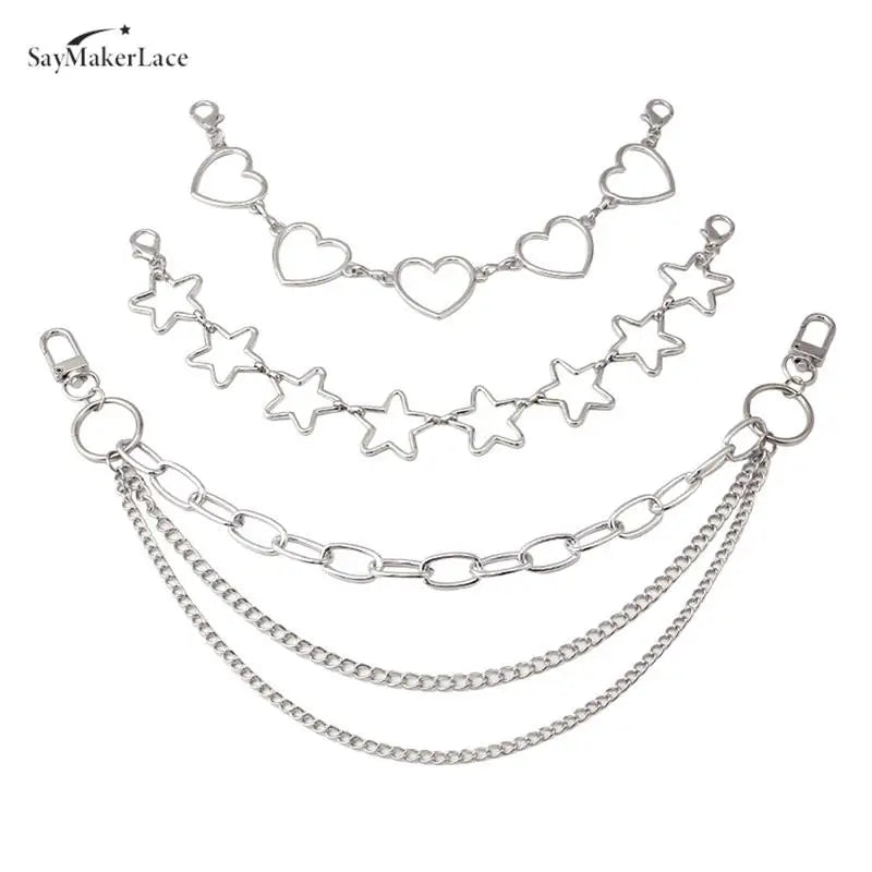 Silver multi-layer chain strap featuring heart and star pendant charms