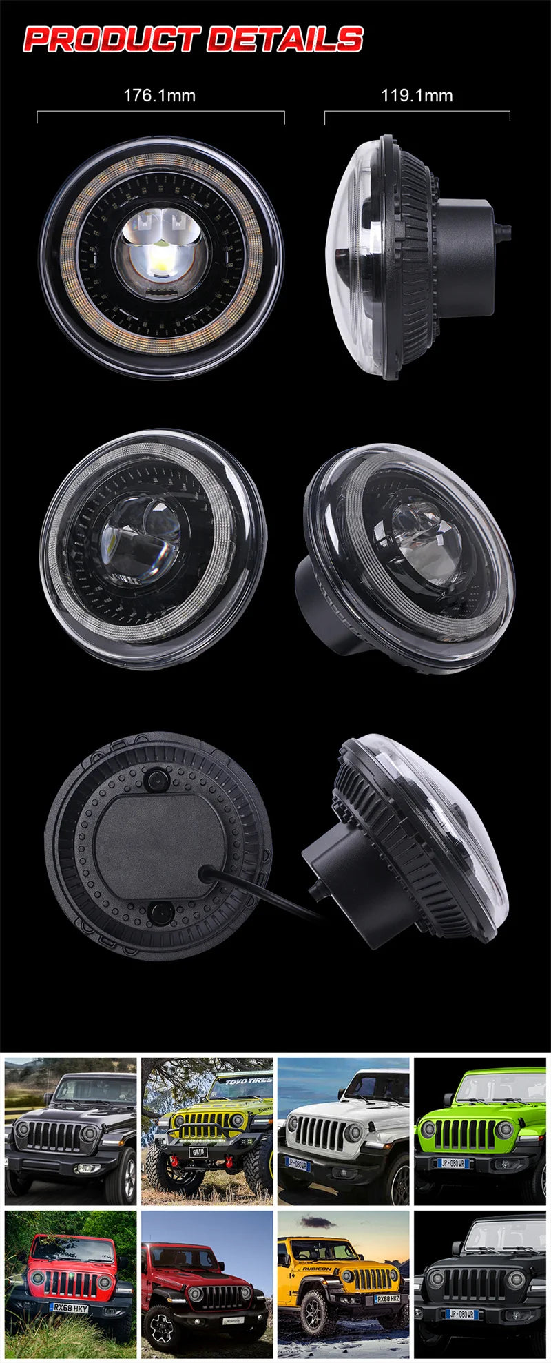 A set of 7-inch round LED headlights with DRL halo and amber turn signals shown in various views.