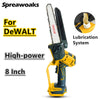 A yellow and black Dewalt 8-inch brushless electric chainsaw with a chain saw blade and lubrication system.