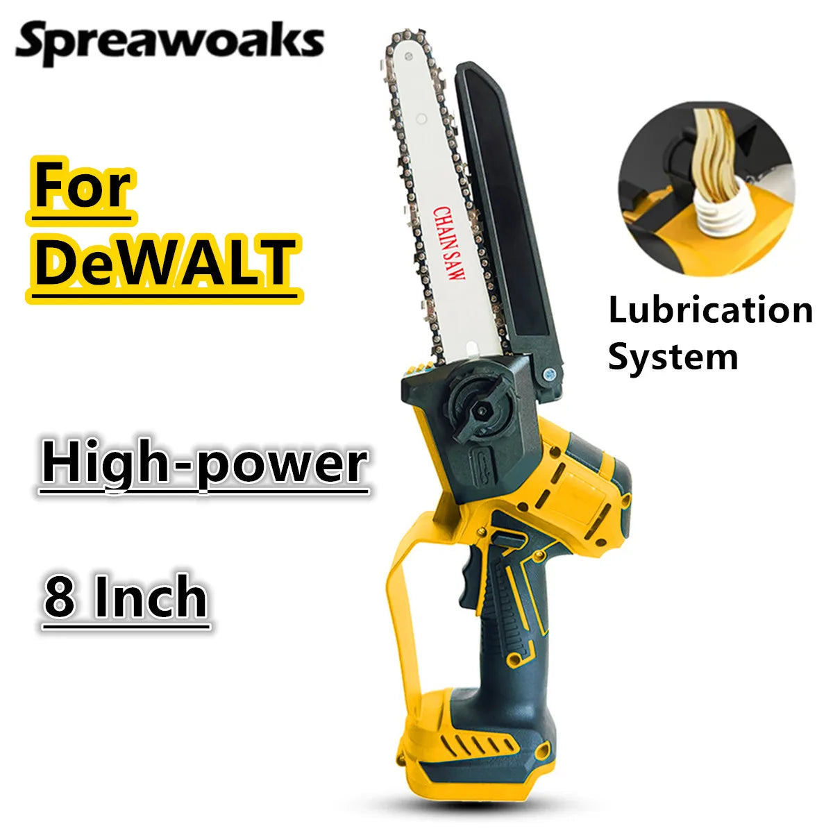 A yellow and black Dewalt 8-inch brushless electric chainsaw with a chain saw blade and lubrication system.